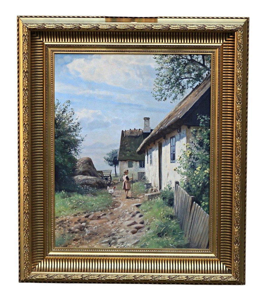 Niels Walseth Village Street Farm Landscape Oil Painting Signed Framed