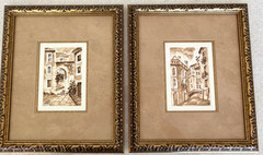 Pair Original Signed Watercolor Mediterranean Courtyard Matted Gold Tone Frame
