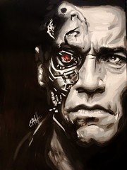 poster portrait of Arnold Schwartznegger as Terminator, paper, acrylic, handmade