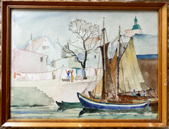 Watercolor Sailboat in Harbor with Church Women Hanging Laundry on Everyday