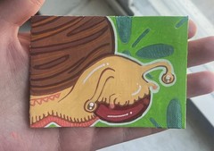 ACEO Original Snail Tomato Green Slug Acrylic Marker Art Cards NovaGale 2.5×3.5