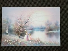 Pink Lake Hand Painted Original Oil Painting by Walter Women Nature Winter Trees