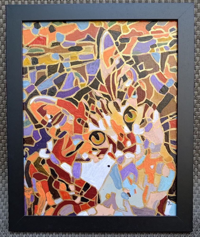 Original painting on board, CAT, animal, cubism, 8″x 10″, signed