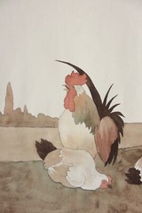 Rooster with Two Hens, Chickens, Watercolour, Art Nouveau, France, Circa 1900