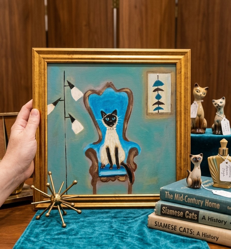 Vintage MCM Mid Century Modern Siamese Cat Painting Framed Gold Wall Art Retro