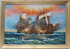 J.Harvey Large Oil painting on canvas, SHIPS BATTLE AT SEA, Signed, Framed