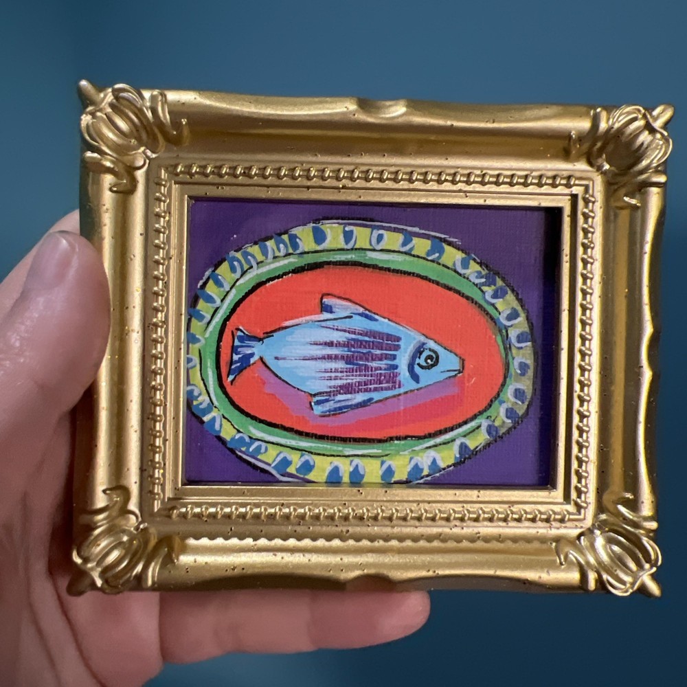 Whimsical Sardines cute,original,miniature Painting,small,mini,framed