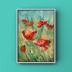 Original watercolour picture 45x61cm, red poppies with gold, creative gift idea