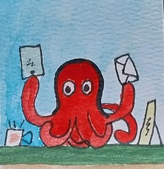 ACEO Original Art Card ATC Watercolor OOAK Signed Octopus At Desk Painting GAT