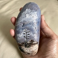 Hand-Painted Blue and Gray Stone Art Signed