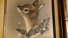 Vintage Fawn Painting Bronze Bamboo Framed Signed Powell 8 x 10
