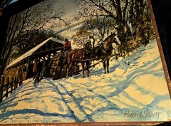 Large Reproduction Of Popular Painting „Covered Bridge In The Winter“ By H.Young