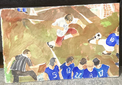 Original Watercolor Painting Signed Soccer View from above Sports Kids Youth