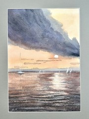 Seascape Painting yachts sunset in the reflection Original Watercolor