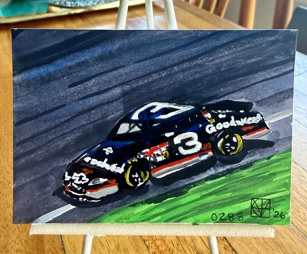 ACEO Painting by M. Hackney NASCAR Intimidator Gouache & Ink, Signed, 2.5×3.5″