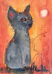 Aceo Painting By Kenna Black Cat In Moonlight Watercolour Art Card 2.5” X 3.5”