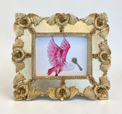 Pink Spoonbill mini watercolor bird print • gold vintage style ornate frame