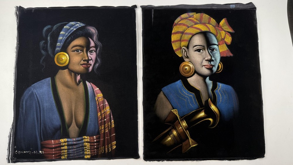 Vintage 1969 Cyulang Tribal Women Original Velvet Portrait Paintings Pair Signed