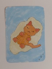 ACEO Original Art Card, „Soothing Purrs“, Cat, Ocean, Island. Marker Drawing
