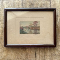Antique Landscape Print Dark Wood Frame Signed 5.5”x7.5” READ