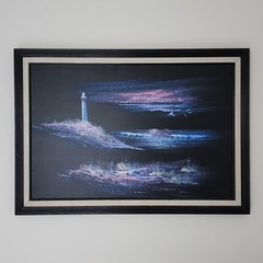 Morgan Vintage Original Oil Painting Lighthouse Moonlit Seascape Framed 41×29