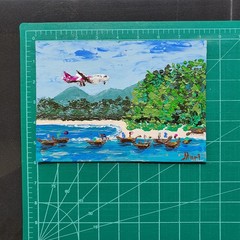 Airplane Painting Beach Boats Original Art Tropical Seascape Sky Coastal Artwork