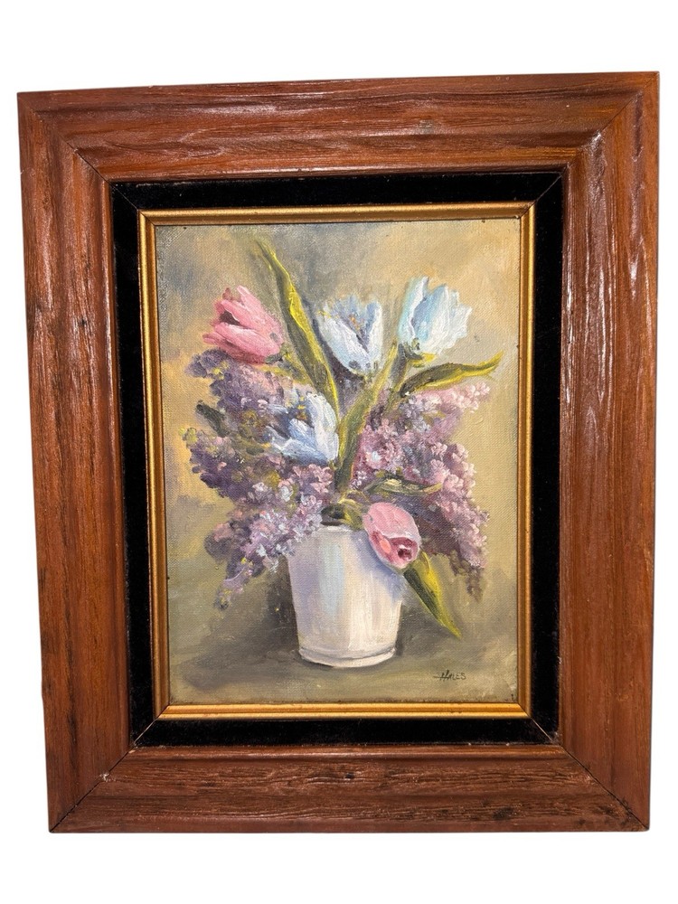 1960s Signed Hales Oil Painting Tulips Lilac Flowers Bouquet Impressionist 18×15