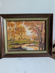 Vintage Original Painting Autumn Landscape Signed 1972 Framed Fall Scene