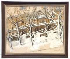 1940s LISTED AMERICAN KATHRYN TAYLOR SIGNED ORIG OIL CANVAS BROOKLYN BROWNSTONES
