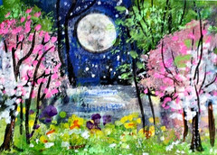ACEO Original PAINTING Spring TREES Night Moon Flower Nature Landscape ATC ART