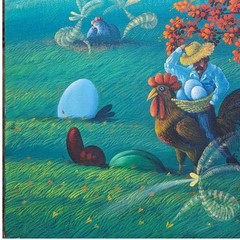 Ramon Vazquez Man Riding Rooster 20 1/2 x 17 Cuban Art Original Oil Canvas 2000