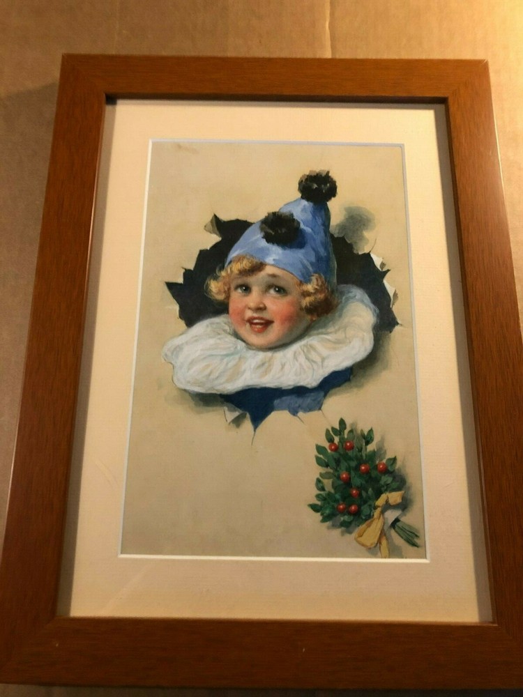 Rare Antique Illustration Art Painting Child Hat Berries Bursting Through Paper