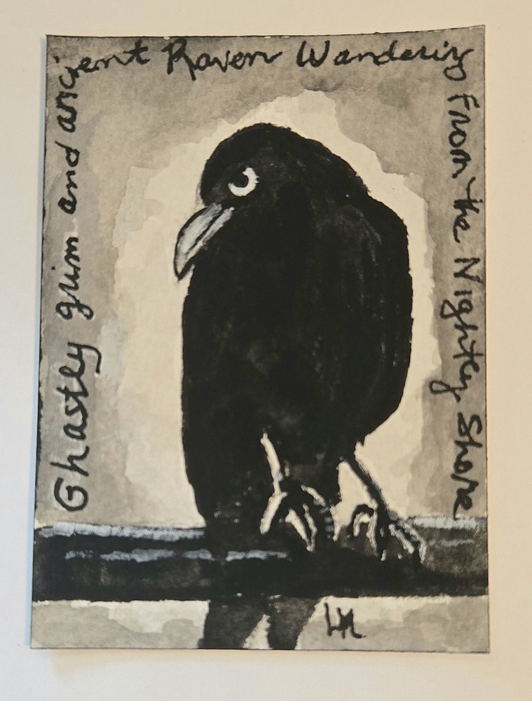 ACEO Original Painting Raven Crow Black Bird Halloween Poe Backyard Jungle Art