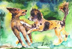 Original Watercolor poodles Playing dog art Signed Painting,dog lover gift 6×4″