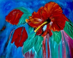 HAWAII ARTIST „RED HIBISCUS“ OVERSIZE PAINTING ONE OF A KIND