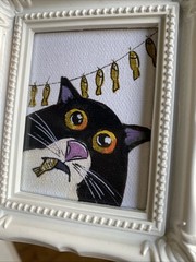 PRINT Whimsical Cat Cute,funny, Painting,framed,miniature,small,mini