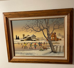 Painting H.Hargrove Children Ice Skating on pond Wooden Frame – 20.75″ x 16.75″