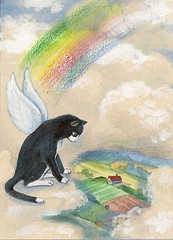 5×7 PRINT OF PAINTING RYTA TUXEDO CAT ANGEL RAINBOW BRIDGE folk art landscape 🌸