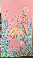 Aceo Art Card Size 2×3.5 Flowers Pink Green Blue Yellow