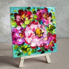 original oil painting Rose Peony Pink Red Flowers Impasto Floral art 6*6 inch