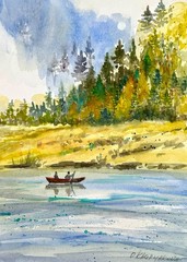 Original painting Landscape fishmen tree shore River forest Watercolor A4 Lake