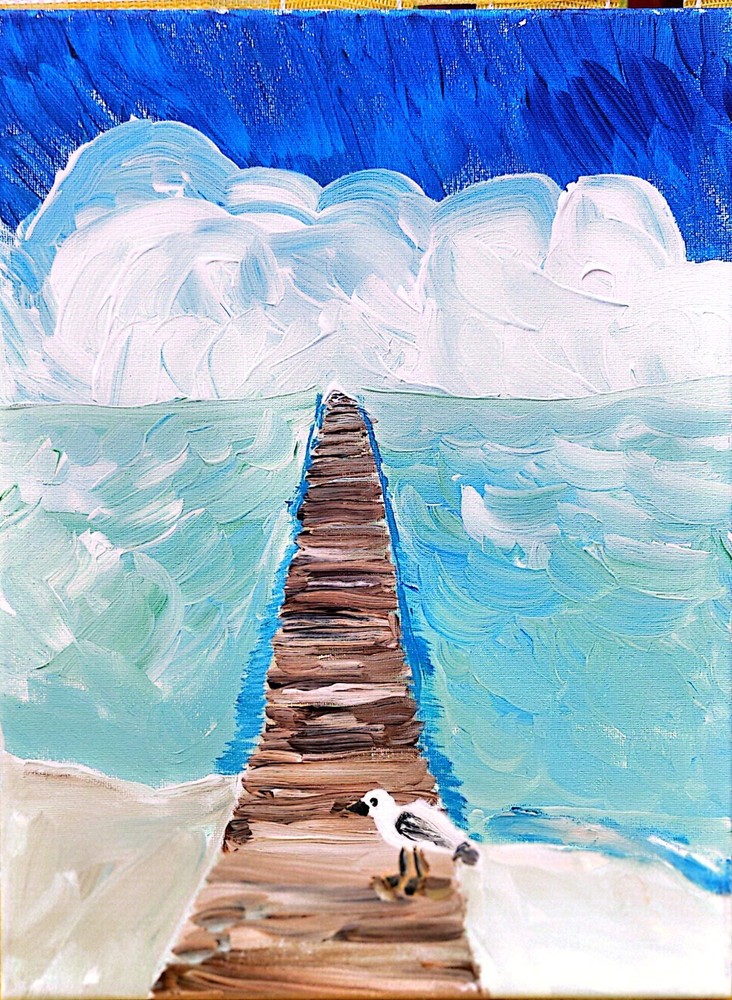The Almost Empty Pier Colorful Original Modern Art Acrylic Canvas 11×14 Signed