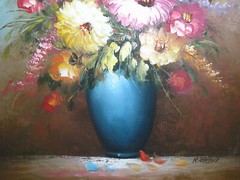 Still Life Oil Painting Art Flowers in Vase Floral Bouquet Signed R. Telson