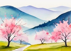 ACEO Cherry Blossom Landscape Tiny Miniature Mini *ART PRINT* Watercolor Saulite