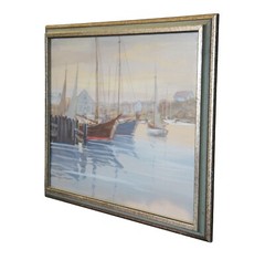 Mid Century Realist Signed Watercolor Painting Sailboats Harbour Marina Nautical
