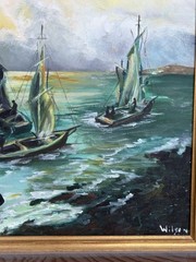 Original Oil on Canvas Painting by Wilson, Maritime Sail Boats, 25×32 Framed
