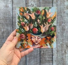 Original Oil Art 6×6” Portrait Woman Face Painting Floral Impasto Oil Painting