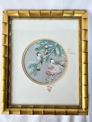J CHENG Signed Watercolor Painting on Silk Chickadees In Pine And Berries Framed