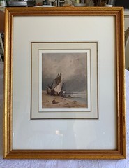 Antique British Watercolor Beached Fishing Boats near Hastings c. 1830-1850