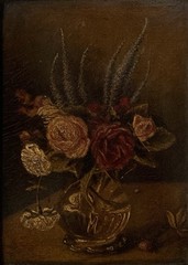 Antique Floral Still Life Oil Painting Flowers On Masonite, Framed